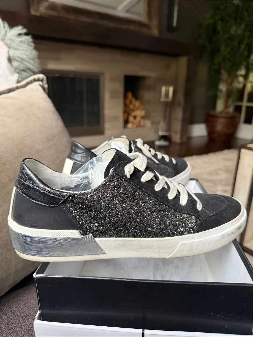Dolce Vita women’s Black Low-Top Suede and sparkle Sneakers with Cream Laces